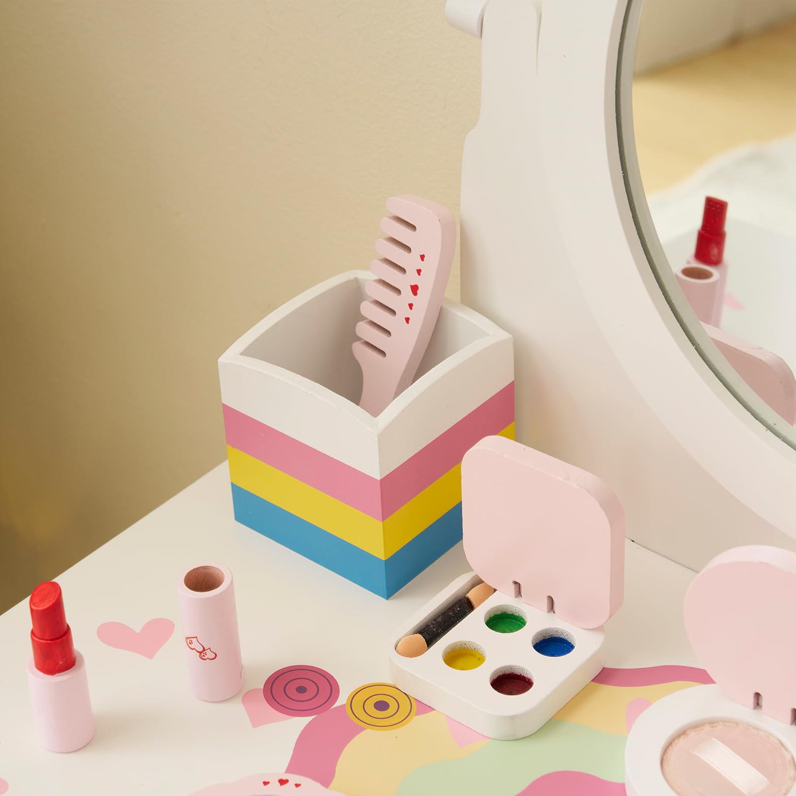 LALAHO Coiffeuse pour Enfants avec Miroir à Trois Volets, Tabouret et 7 Accessoires de Maquillage Jouet (Blanc)