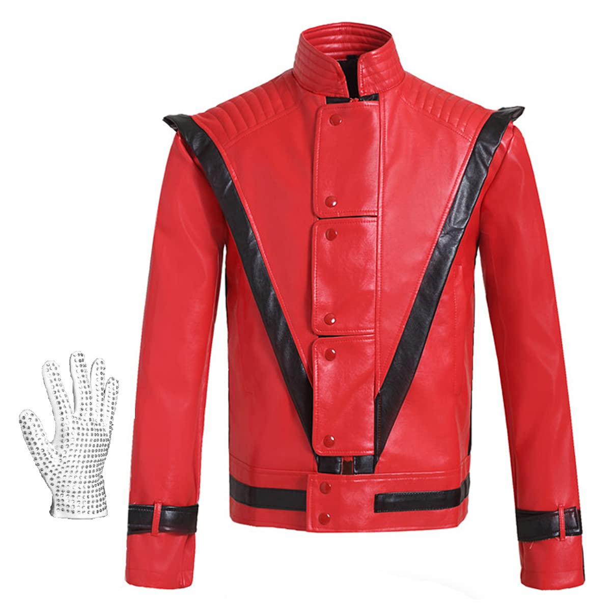 Shuanghao Men Women Red Leather Jackets Costumes - Halloween Christmas Parties Dances Cosplay Role Playing Retro Punk Adult Unisex Red Leather Coat(Give Glove)(M W: 62-67kg H:170-175cm,Red Black)