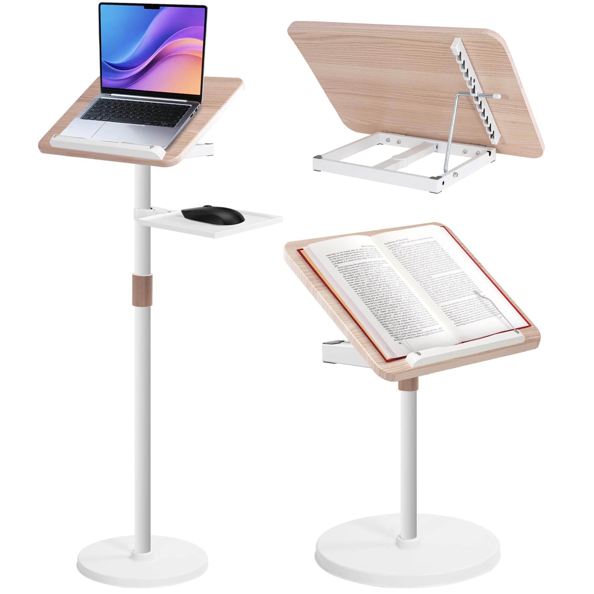 2 in 1 Verstellbarer Buchständer, Höhenverstellbar 50-130cm, Weiß | Dual-Use Boden & Schreibtisch-Buchhalter, Holz-Kochbuchhalter mit Seitenclips, für Musikblatt, Rezept, Laptop