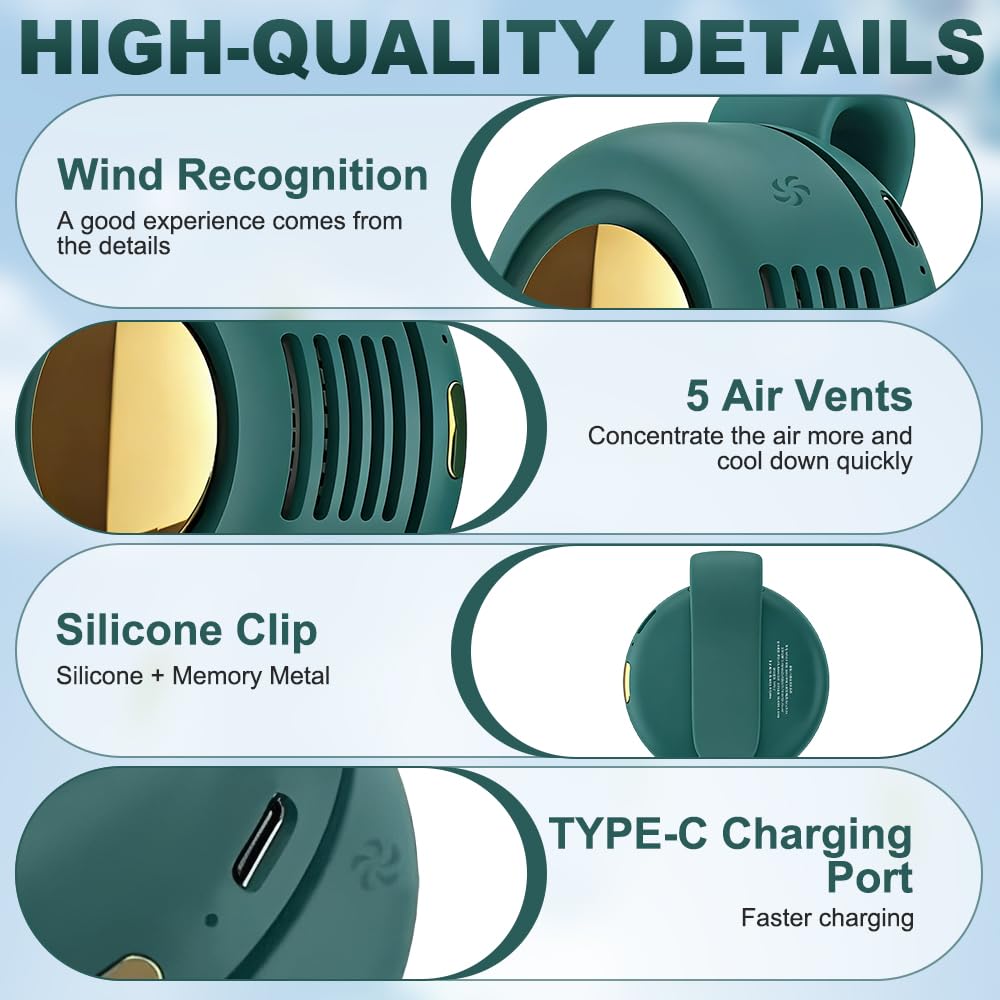 Ventilatore portatile senza pale, piccolo ventilatore a clip, ricaricabile con clip in vita e collo, mini ventilatore elettrico senza pale, ventole di raffreddamento per esterni, viaggi