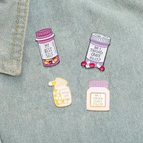 Image of Medical Jewelry Chill Pill Enamel Pin Brooch 4 Pieces Nurse Enamel Pins Cartoon Medical Prescription Pill Pins for Women