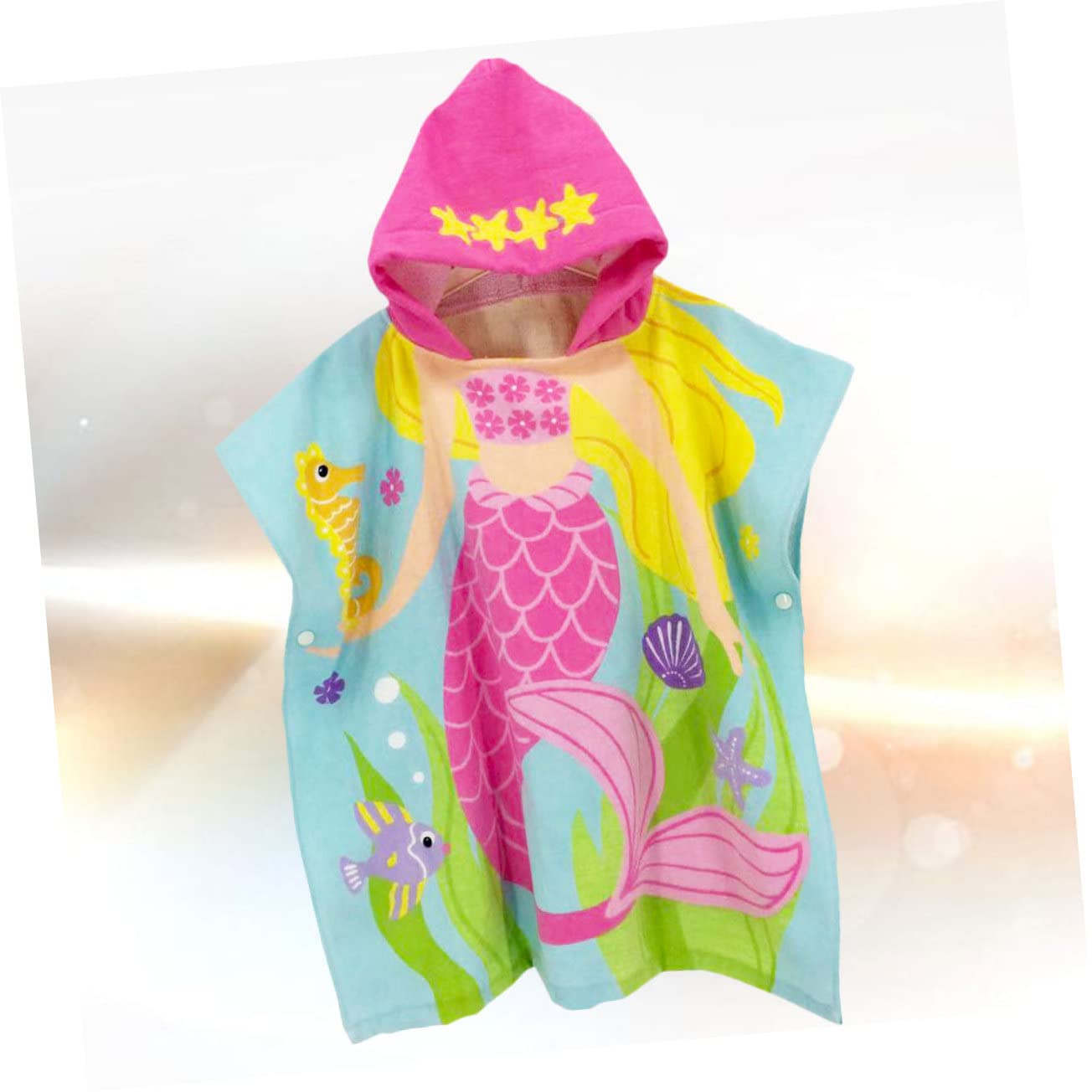 Cape de Plage pour Garçon et Filles en Coton, Capuche, Motif Sirène Rose | Modèle Portable Léger, Maintien Ferme, Style Cartoon, pour Garçons et Filles à Plage