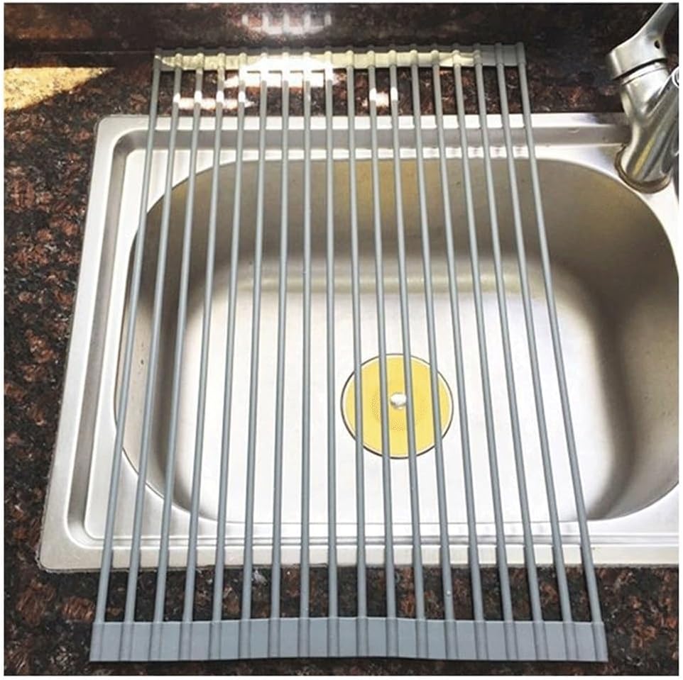 Over Sink Dish Rack Silica Gel Dish Drying Rack Sturdy and Durable Anti Rust Test Kitchen Space Easy Store(Gray)