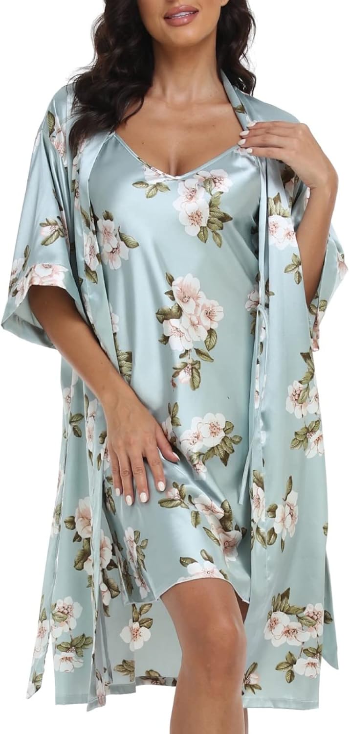 1stmall Women's Satin Robe Sets 2 Piece Nightgown Silk Pajama Sexy Floral Lingerie Lace Cami Sleepwear Night Robes - Image 3