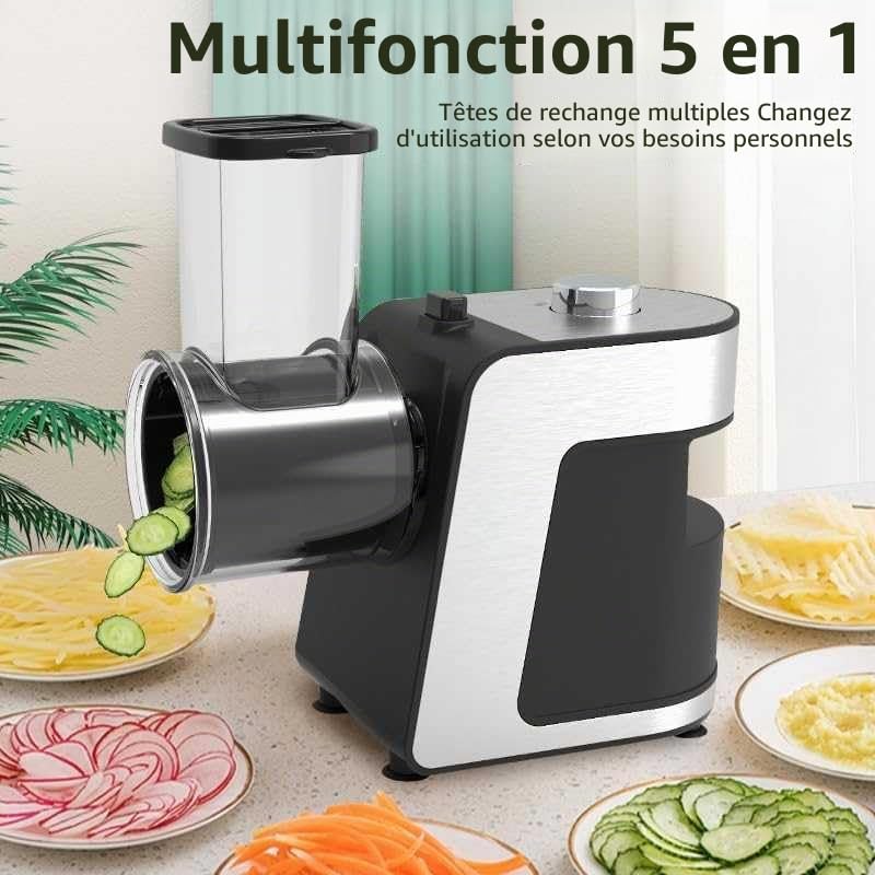 Râpe à fromage électrique 1000 W et coupe-légumes – Machine à salade multiple avec 5 cônes interchangeables pour fromage, concombre, carotte – Idéal pour déchiqueteuse de fruits et légumes