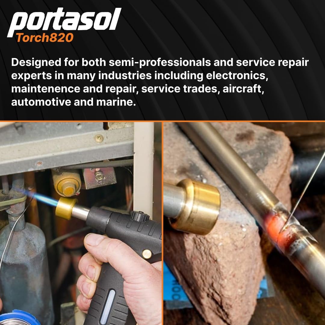 PORTASOL Pro-Grade 820 Butane Torch, Piezo Ignition System, Safety Lock, Adjustable Flame Used for Cooking, Jewerly Making and Soldering | Output 50-820 Watts