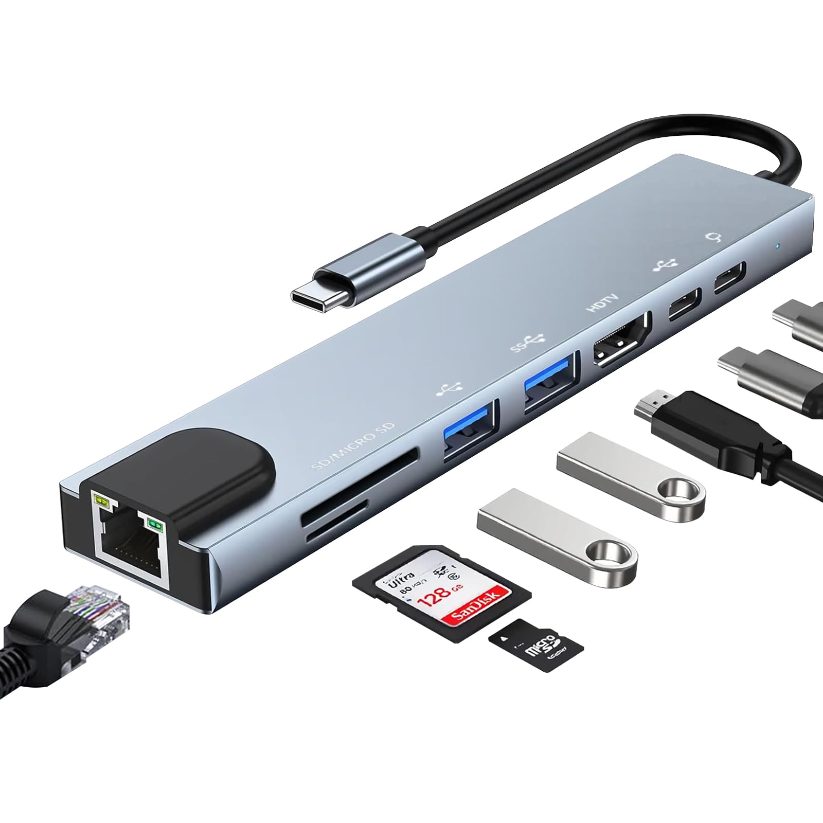 Hub USB C, 8 en 1 Adaptateur USB C avec RJ45 Ethernet, 4K HDMI, 100W PD