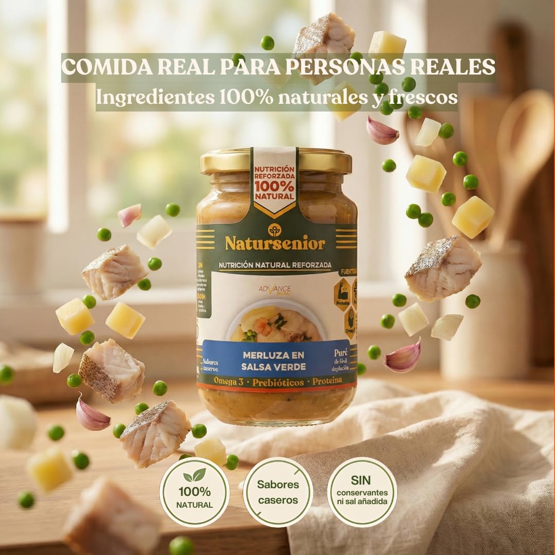 Natursenior - Comida Triturada para Personas Mayores - Pack Puré Merluza en Salsa Verde - 100% Natural, Omega 3, Fibra, Proteína - 6 uds x 340g