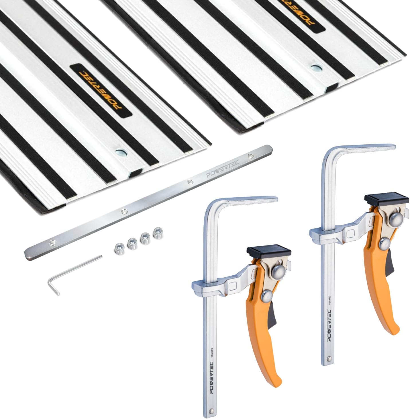 POWERTEC 72269 110" Track Saw Guide Rail Joining Set for DeWalt Track Saws | 2x55 Guide Rails/Rail Connector, and 2pc Quick Release Ratcheting Table Clamps, 7" Capacity (178mm) x 2-3/8" Throat Depth