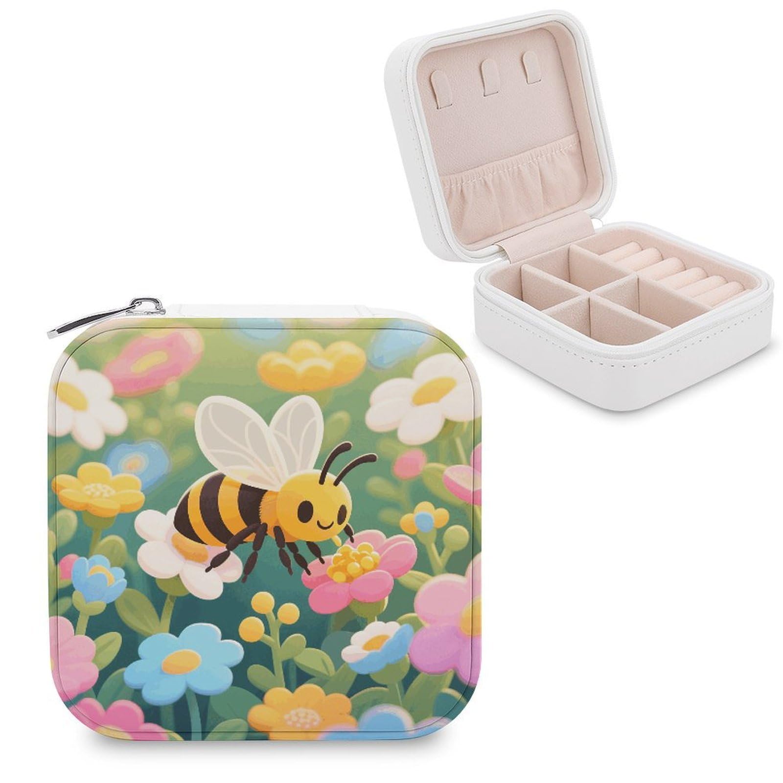 VstaDank Bee Jewelry Box for Women Jewelry Organizer Storage Case with Zipper Mini Travel Jewelry Case Cute Trinket Organizer Leather Portable Jewelry Storage Box