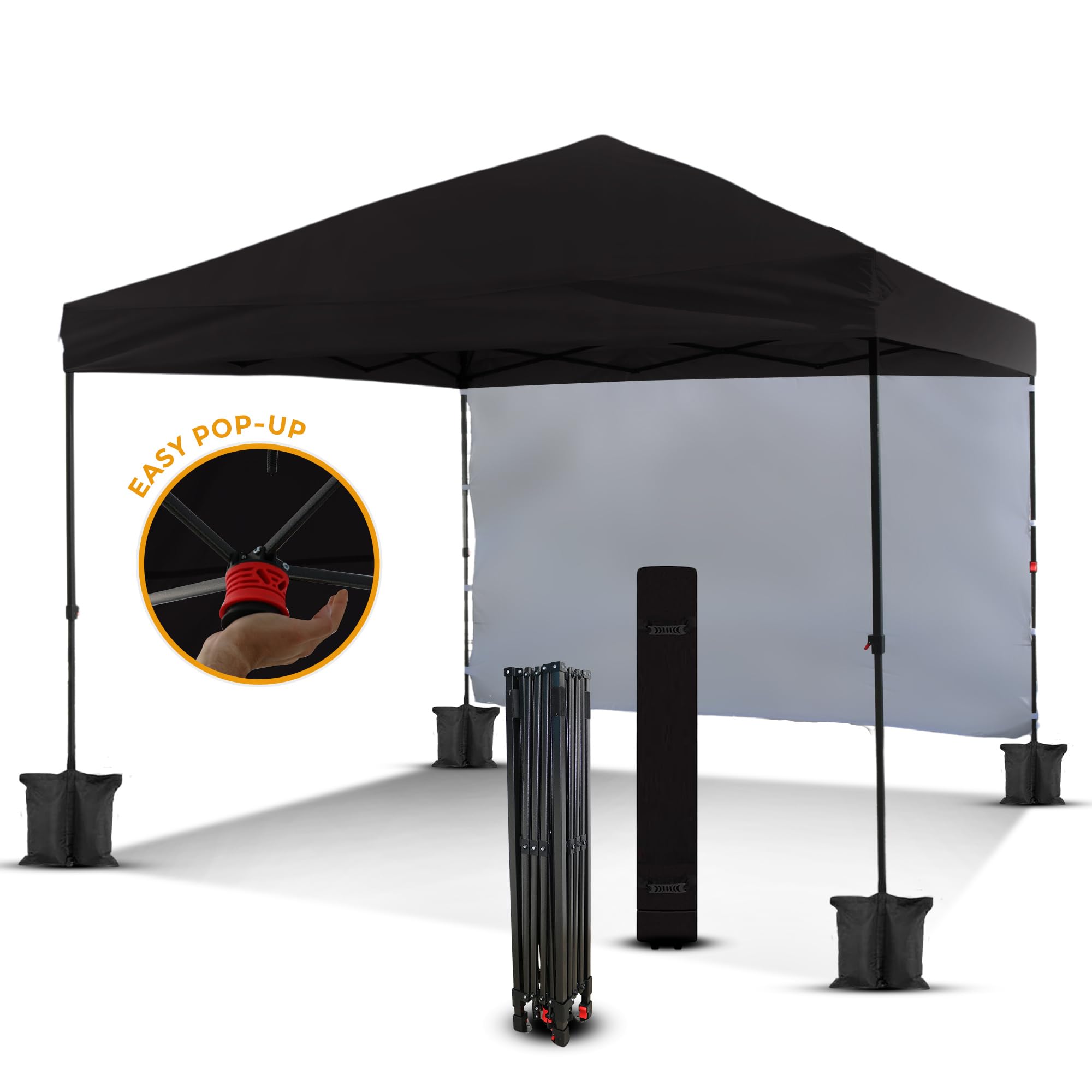 10x10 Pop Up Canopy Tent, One Press Instant Up With Removable Sidewall, Bonus 4 Ropes, 8 Stakes - Outdoor Canopy (Black)