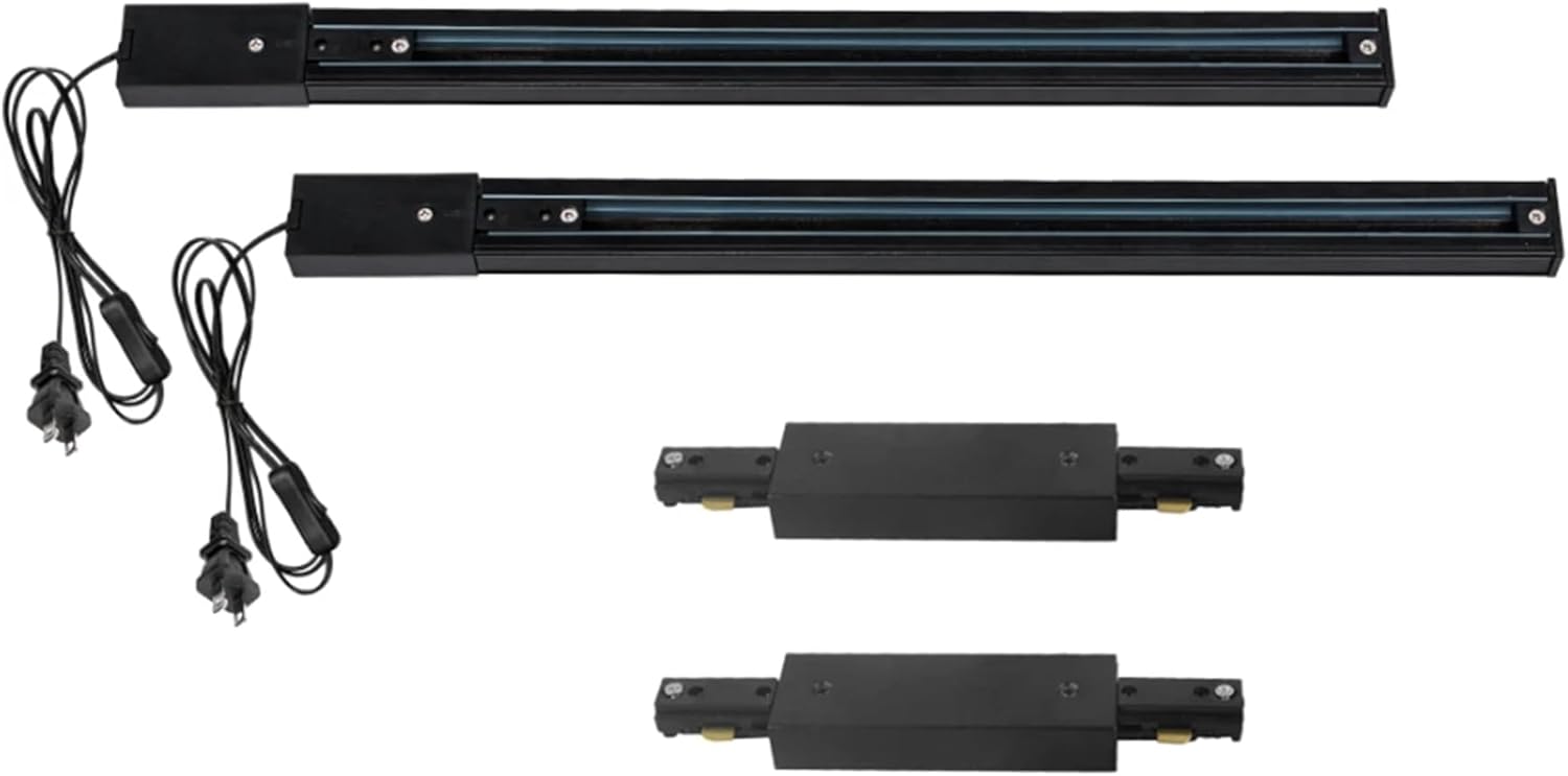 H System Track Lighting Rails Kit 3.2Ft(1.6ft x2) Track Rails with 15ft Plug-in Cable, 2X I Connector Live End Feed Connectors for Tracking Pendant(Black)