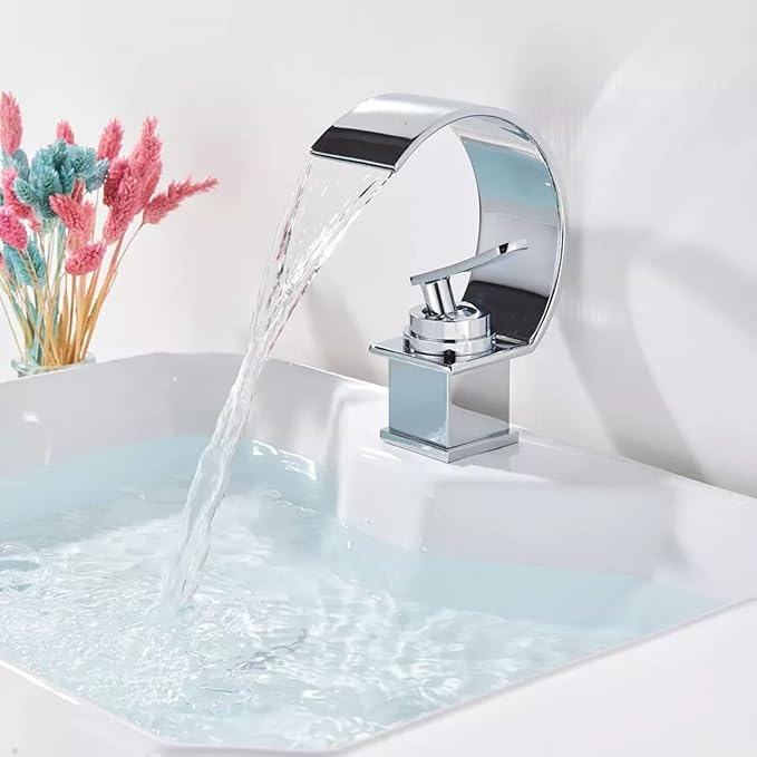 GGStudy Wasserfall-Wasserhahn Fürs Badezimmer - Chrom, Einhebel, Einloch-Montage Mit Ablaufgarnitur