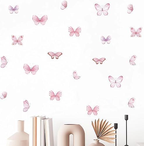 Miniatura 4 de 6 hojas de 36 calcomanías de pared de mariposa rosa, calcomanías de pared de arte de acuarela removibles para niños, bebé, guardería, sala de estar,