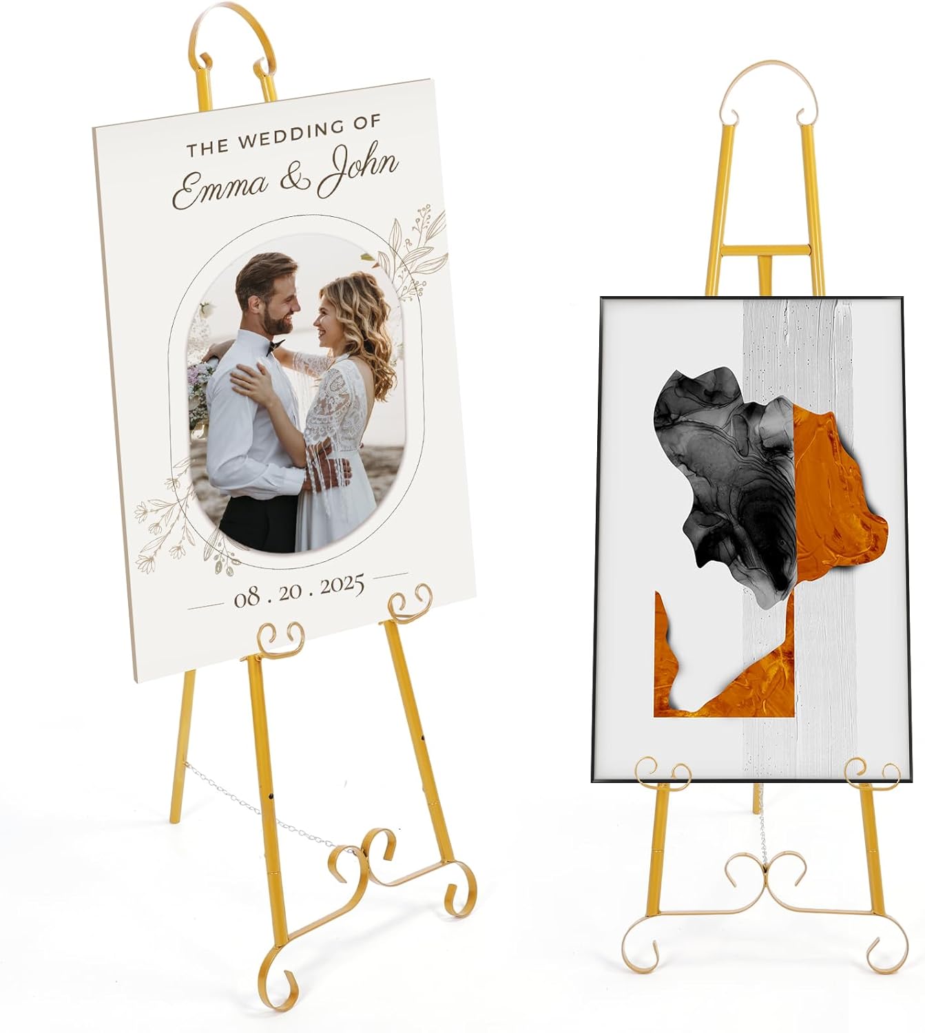 Gugxiom 2 Pack Gold Easel Stand for Sign, Floor Easels for Display, Heavy Duty Metal, 3 Adjustable Shelves & Stylish Stability, for Birthdays Weddings Painting Posters Display