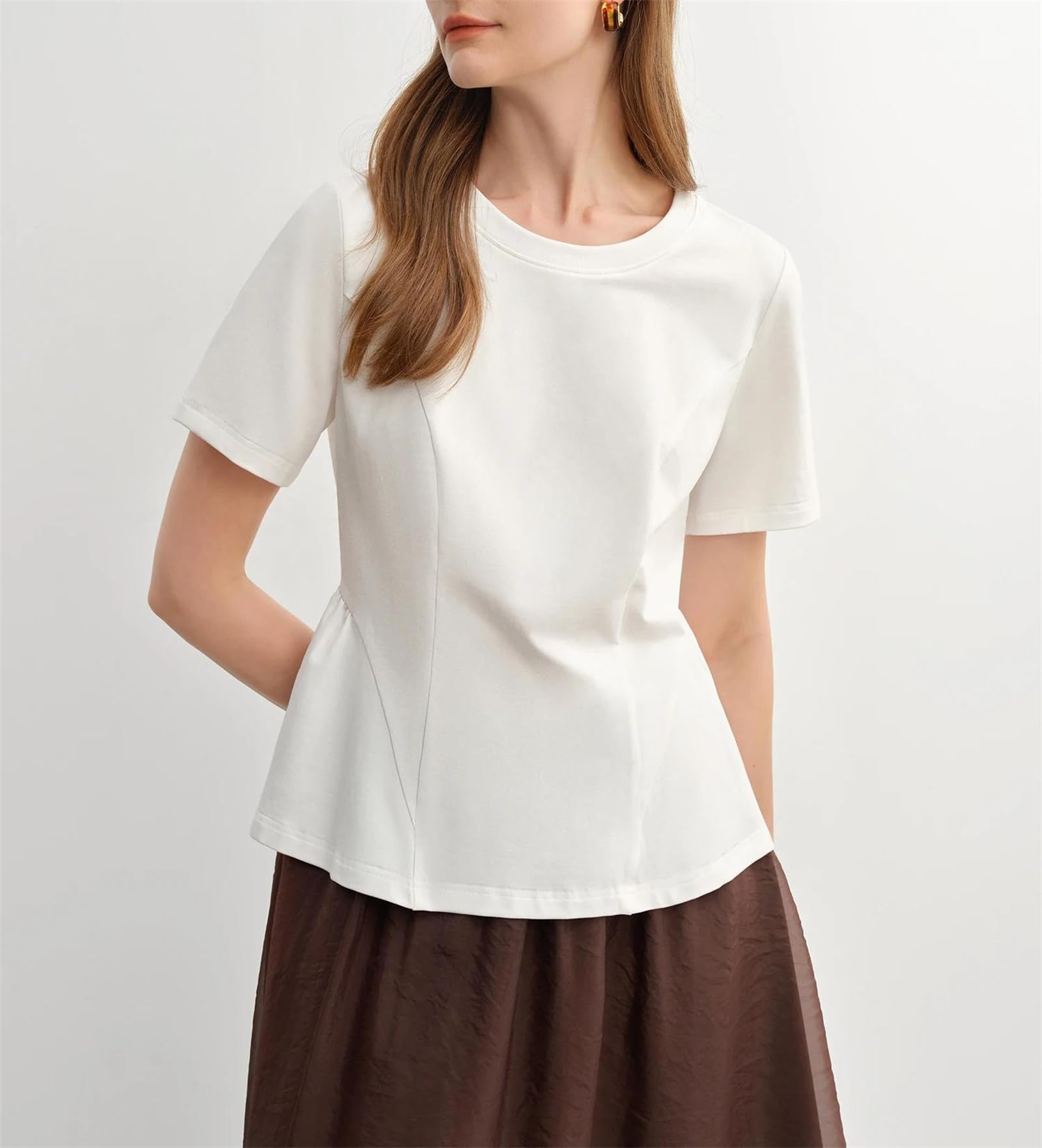 Tees da donna Solido O-Collo Manica Corta Pieghe Orlo Curvo Camicette di Cotone Casual Allentato Primavera Plus Size Top