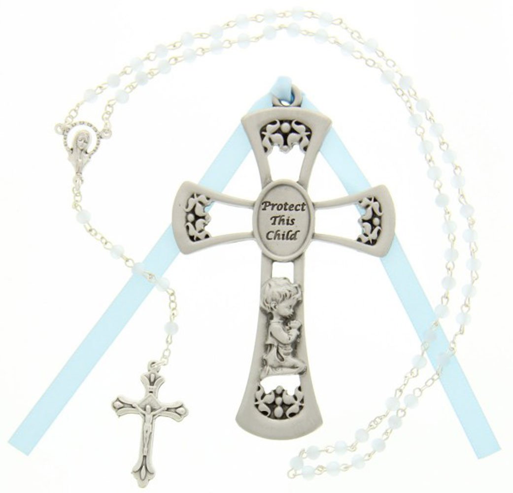 McVanPewter Baby Boy Cross Crib Medal & Rosary Set, Childrens Ros