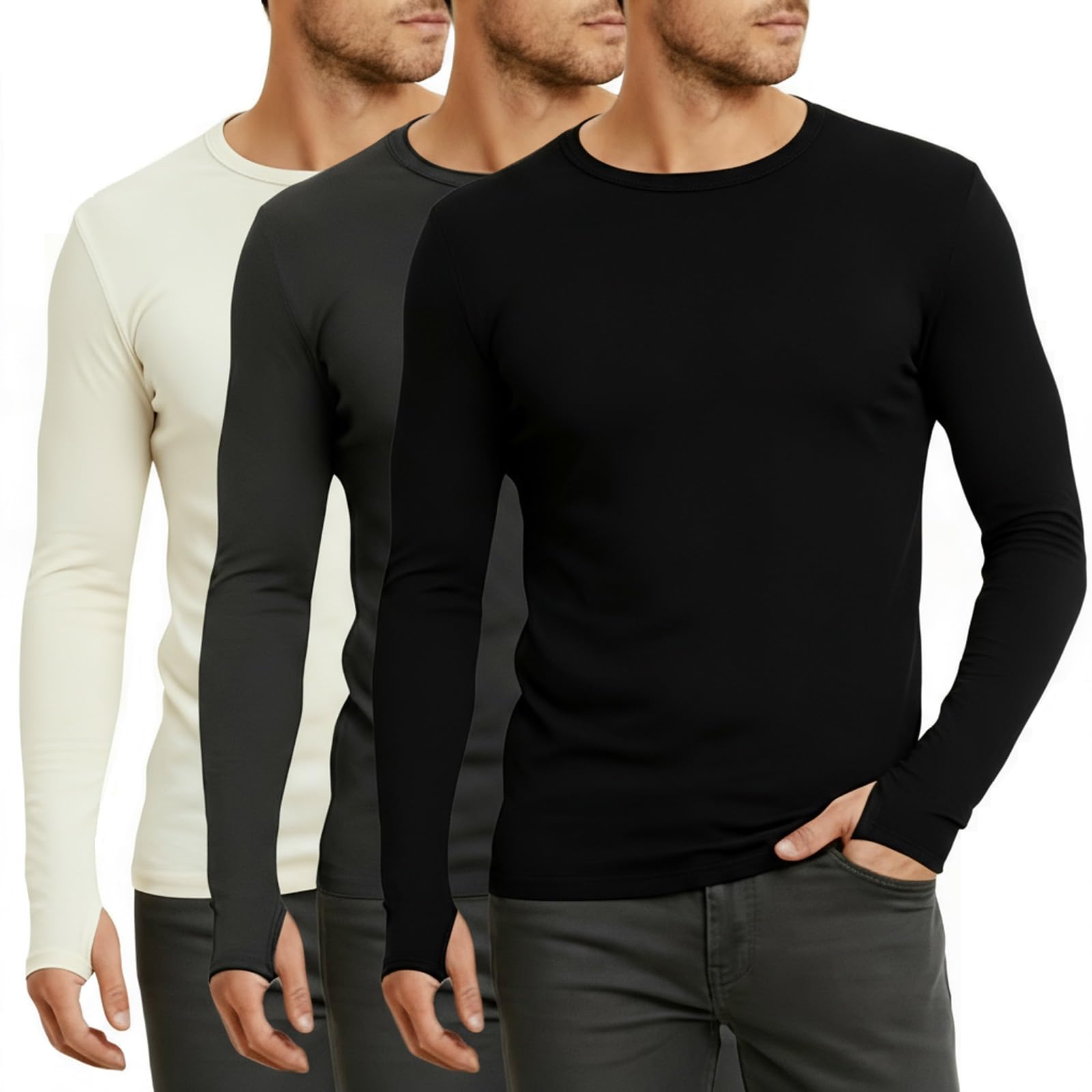 3 Pack Men's Thermal Shirts Fleece Lined Long Sleeve Undershirts Lightweight Underwear Tops Crewneck Base Layer Tops-image-33
