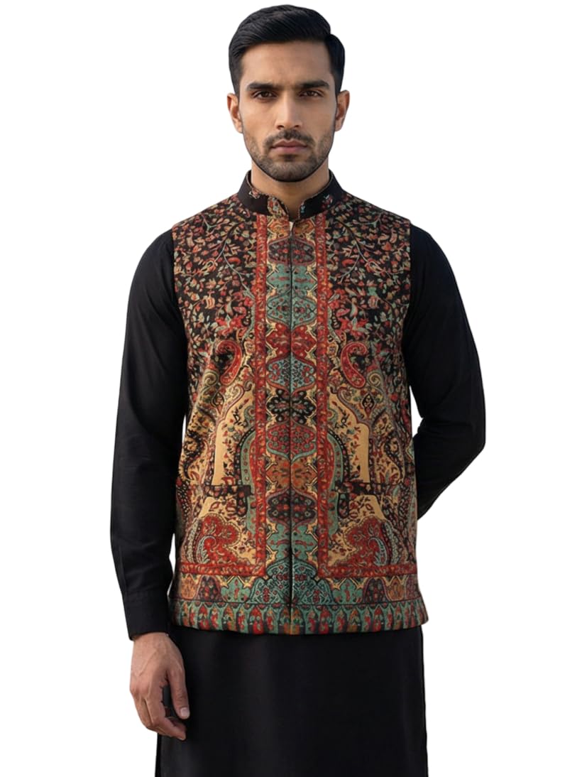 Printed Velvet Nehru Jacket-image-8