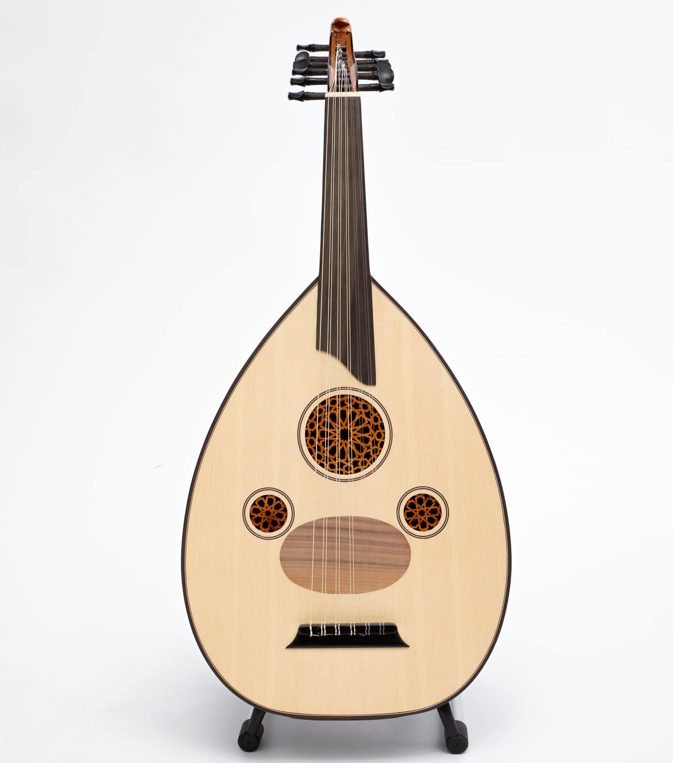Handgefertigtes türkisches Oud aus schwarzer Walnuss, Ebenholzwirbeln und Kurschner-Saiten. Mit weicher Hülle. Traditionelles Saitenmusikinstrument
