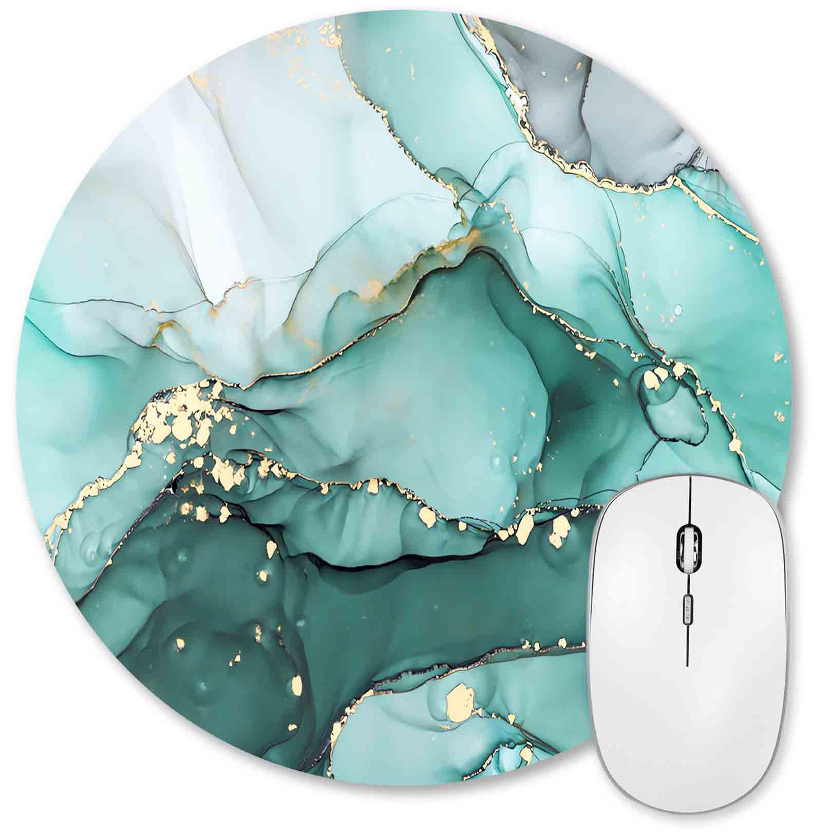 HUOCAIREN Teal Turquoise Marble Round Mouse Pad, Luxury Abstract Swirls Small Mice pad for Computer & Laptop, Non-Slip Rubber Modern Green Ink Art