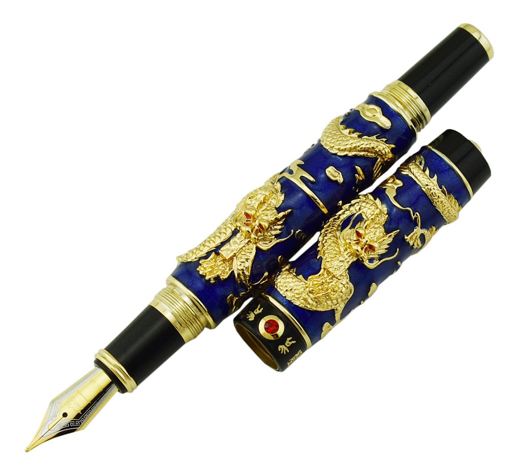 Jinhao Stylo plume double dragon à pointe moyenne avec convertisseur de recharges d'encre, bleu cloisonné