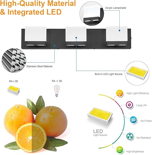 Miniatura 2 de SineRise Lámparas LED Modernas para Tocador de Baño (3 Luces, 24 Pulgadas, 5CCT), Accesorios de Iluminación de Pared de Baño de Acrílico Moderno