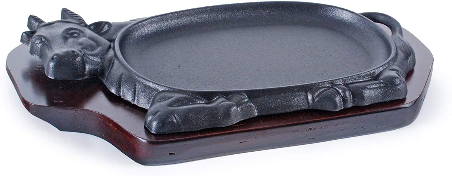 Happy Sales HSGRD-COW12 - Piastra per bistecca in ghisa con base in legno, per uso domestico o ristorante