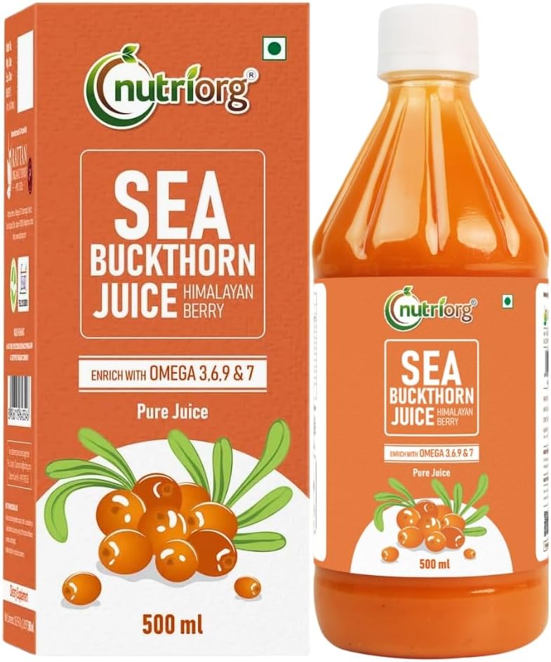 NutriOrg Pure Sea Buckthorn Juice 500 mL | 100% Himalayan Berry Pulp | Omega 3,6,7,9 & Vitamin C | Best for Immunity & Antioxidant Rich | No Added Sugar & Colour