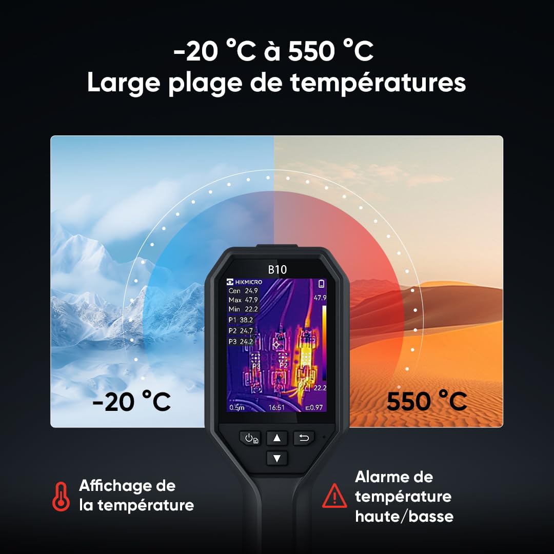 HIKMICRO B10 Caméra thermique d'une résolution IR 256 x 192 avec caméra visuelle 2MP, mesure en plein écran, 25 Hz Caméra thermique avec écran LCD 3,2", IP54, plage de température -20°C à 550°C