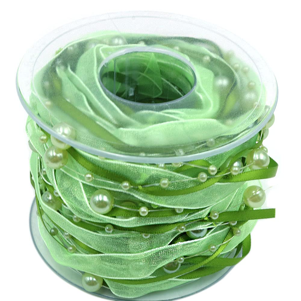 Ancllo Green 10M Artificial Bead Ribbon Chiffon Ribbon And Organza Lace Ribbon Trims (Green)