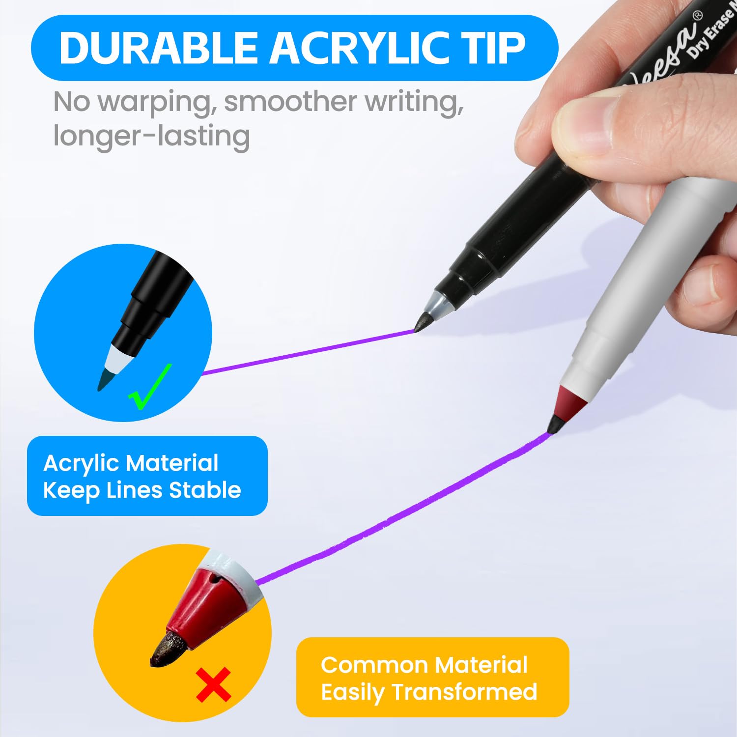 VEESA Whiteboard-Marker, trocken abwischbar, ultrafeine Spitze, 0,7 mm, magnetische Whiteboard-Marker mit Radiergummis, verschiedene Farben, geruchsarm, 12 Stück, Klassenzimmer- und Bürobedarf