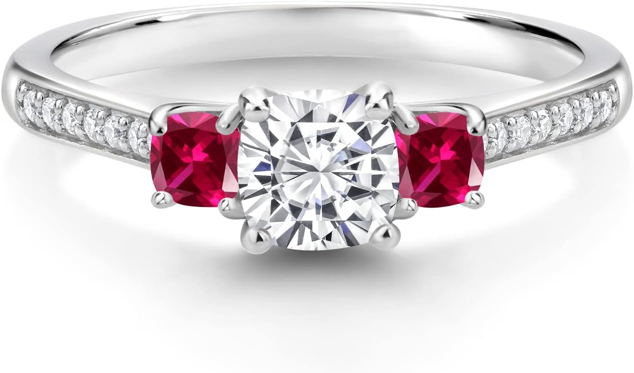 Gem Stone King 1.00 Cttw White Moissanite and Red Created Ruby Ring For Women | 925 Sterling Silver | 5MM and 3MM Cushion | 3 Stone Wedding Engagement Anniversary Promise Ring