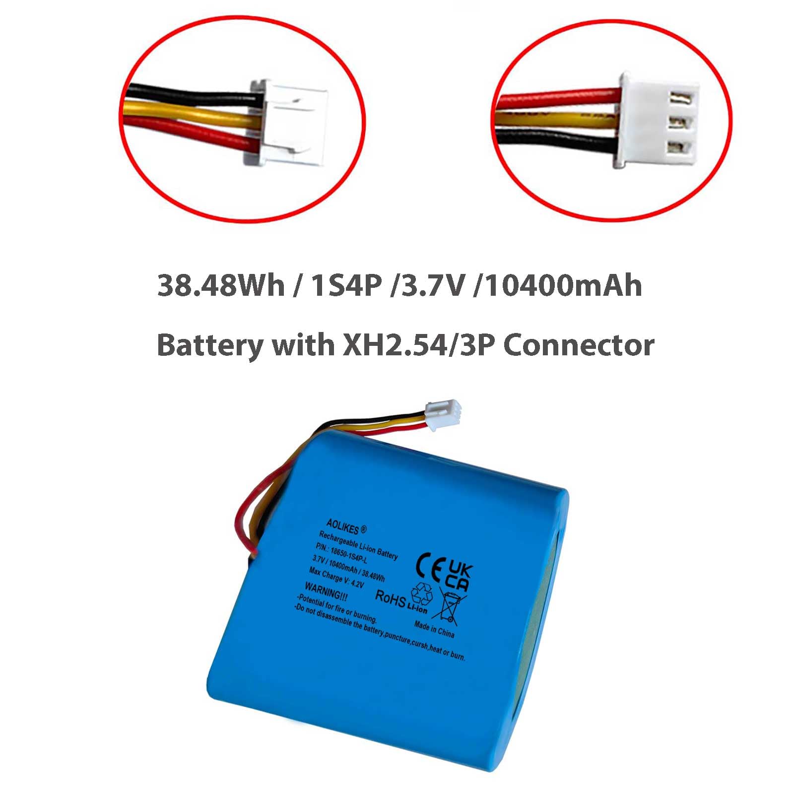 AOLIKES Batterie lithium-ion rechargeable 18650 1s4p 10400 mAh 3,7 V avec connecteur XH2,54/3P / cellules 5C / Straight / Prend en charge la charge rapide