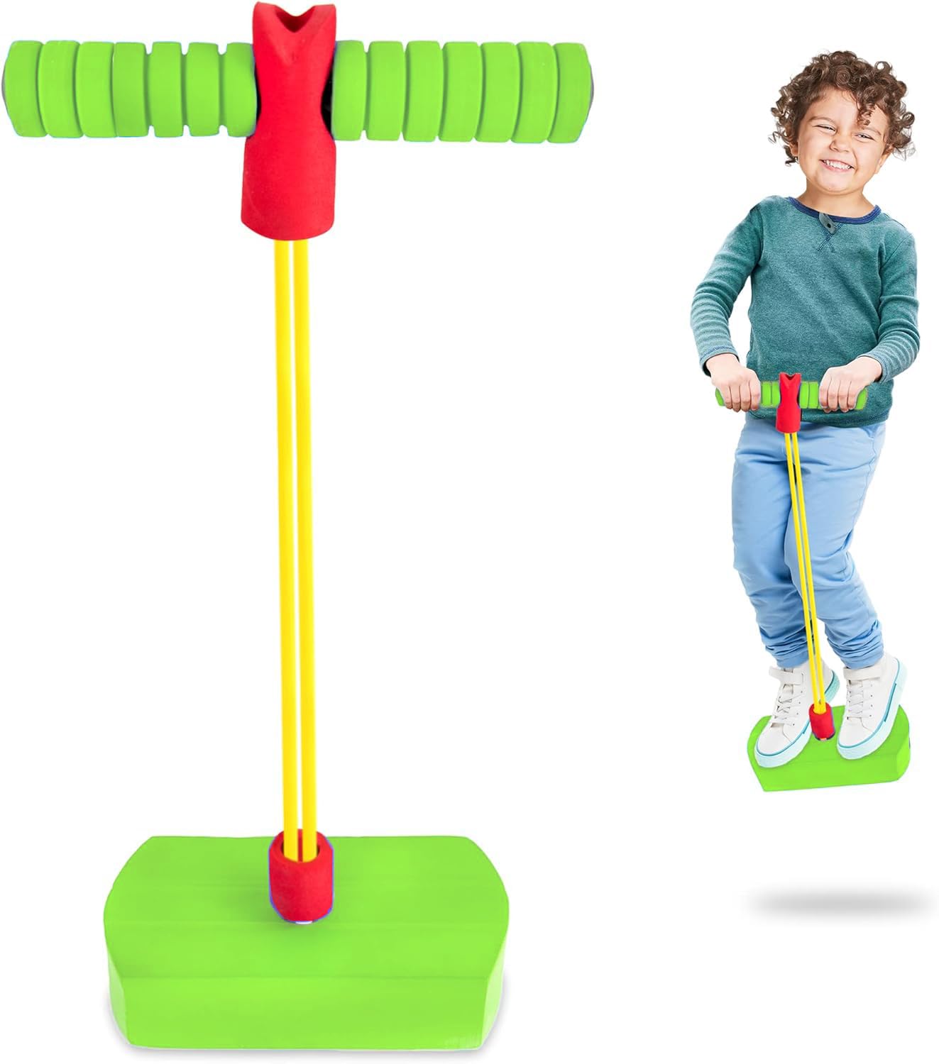 WAMBORY ألعاب أطفال خارجية كبيرة Jumping Toys, Kids Toys, Foam Pogo Jumper for Kids, Fun and Safe Childs Pogo Stick for Toddlers, Indoor Outdoor Bungee Jump toys for Childs Over 3 Years Old (Green)