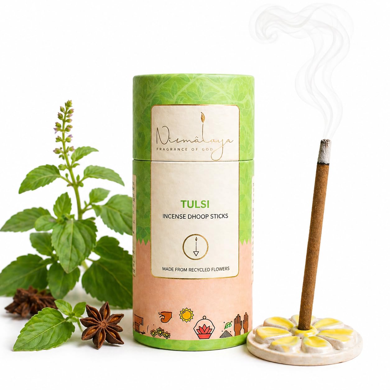 Nirmalaya Premium Tulsi Bambooless Dhoop Sticks (40 Sticks) with Ceramic Stand Sacred Temple Flower | 100% Charcoal-Free | for Pooja, Meditation, Yoga & Home Fragrance