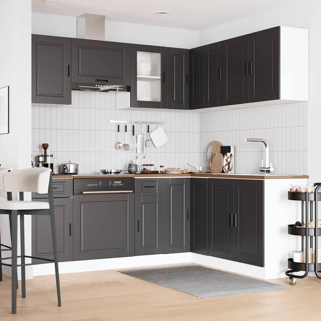 Set di mobili da cucina Porto da 11 pezzi, mobili da cucina moderni in legno con vetro, inclusi mobiletti inferiori, pensili, armadio angolare e mobiletto sottolavello