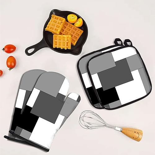 Miniatura 4 de MCALK Juego de 5 guantes de horno geométricos grises y soportes para ollas, guantes de horno grises y almohadillas calientes para cocina de cocina,