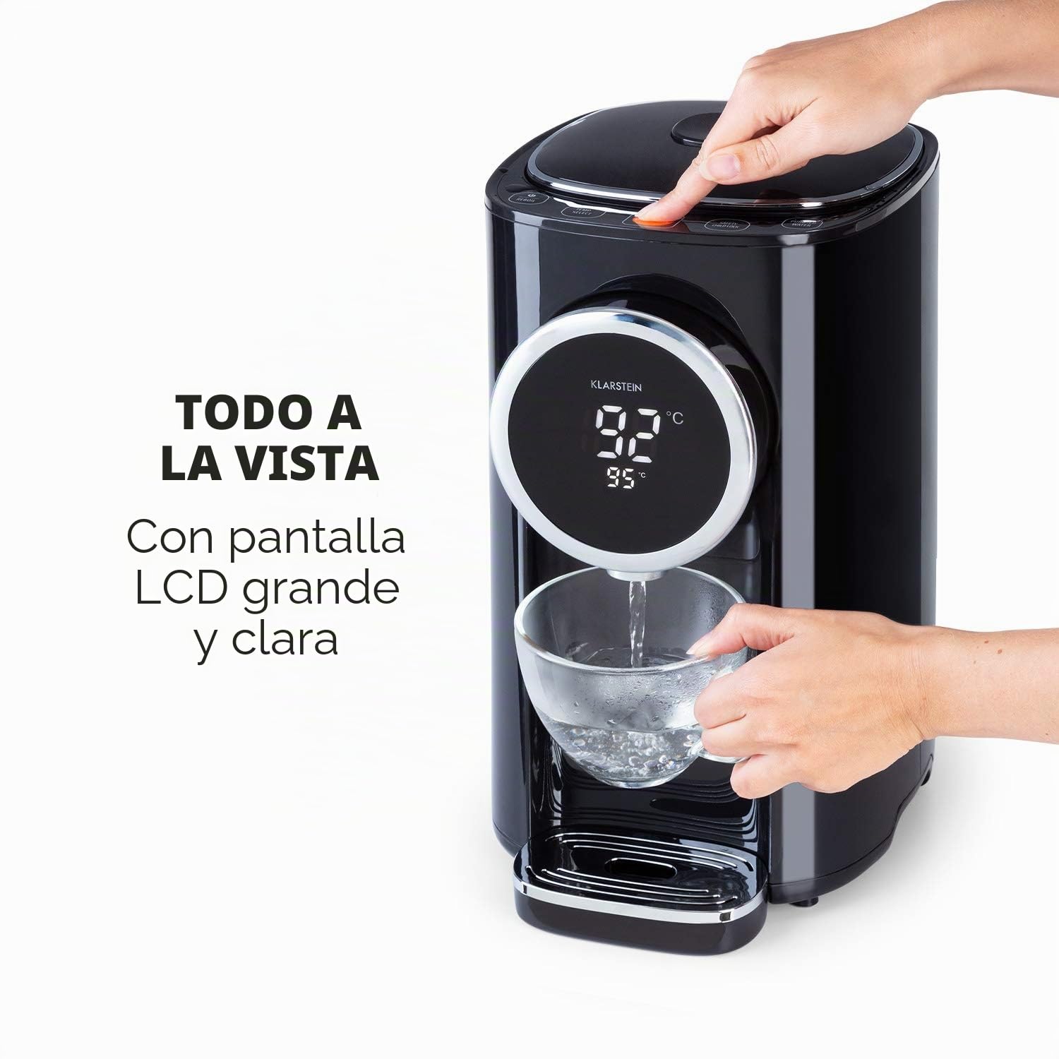 Klarstein Hot Spring Plus Dispensador de Agua Caliente - Termo, Hervidor de Agua, 5 litros de Volumen, Panel táctil, Temperatura de 45-95 °C, Pantalla LCD, Depósito de Acero Inoxidable, Negro
