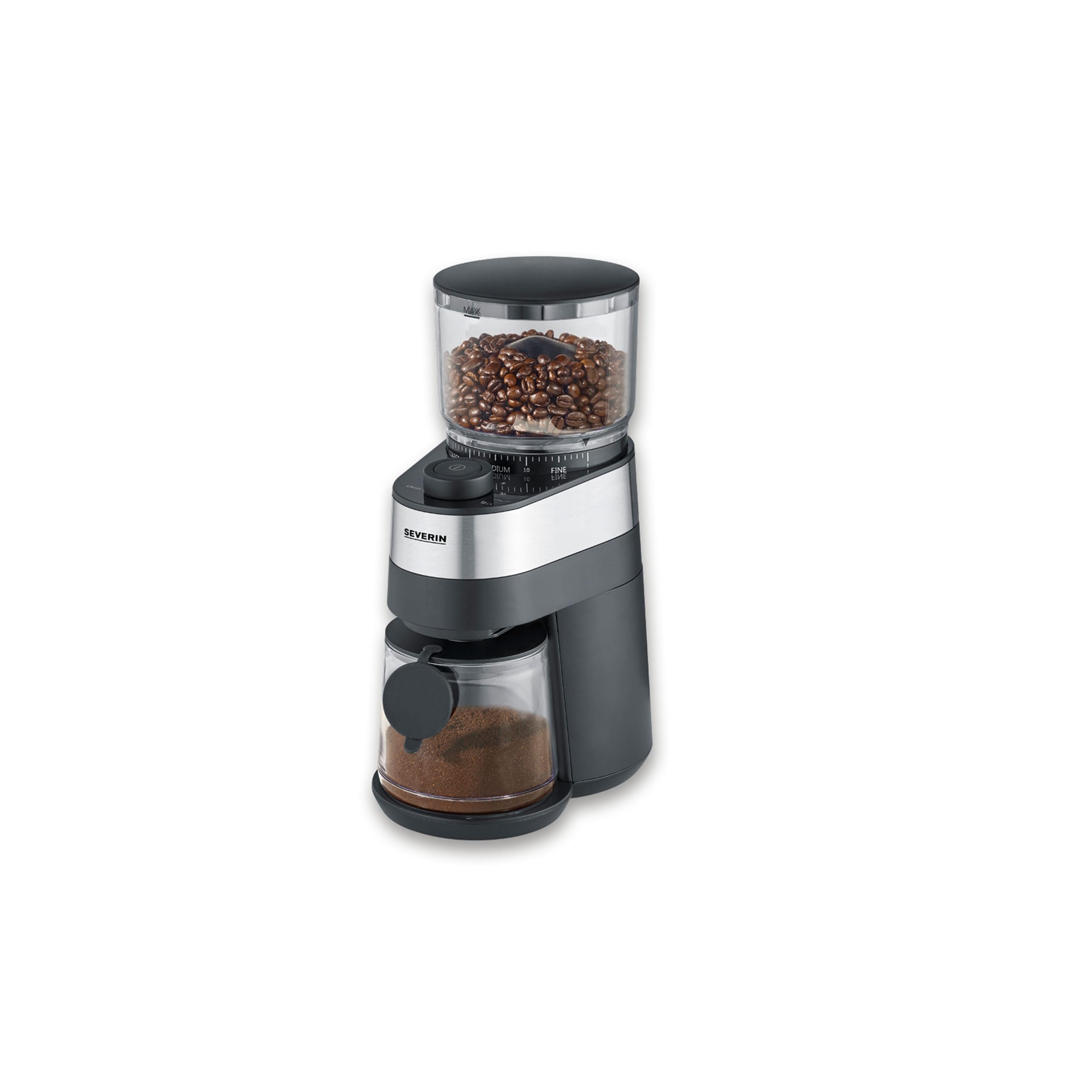SEVERIN molinillo de café eléctrico de disco que conserva el aroma, dosis ajustable, ajuste del grado de molienda en 30 pasos, recipiente para café extraíble, 140 W, acero inoxidable, KM 3880