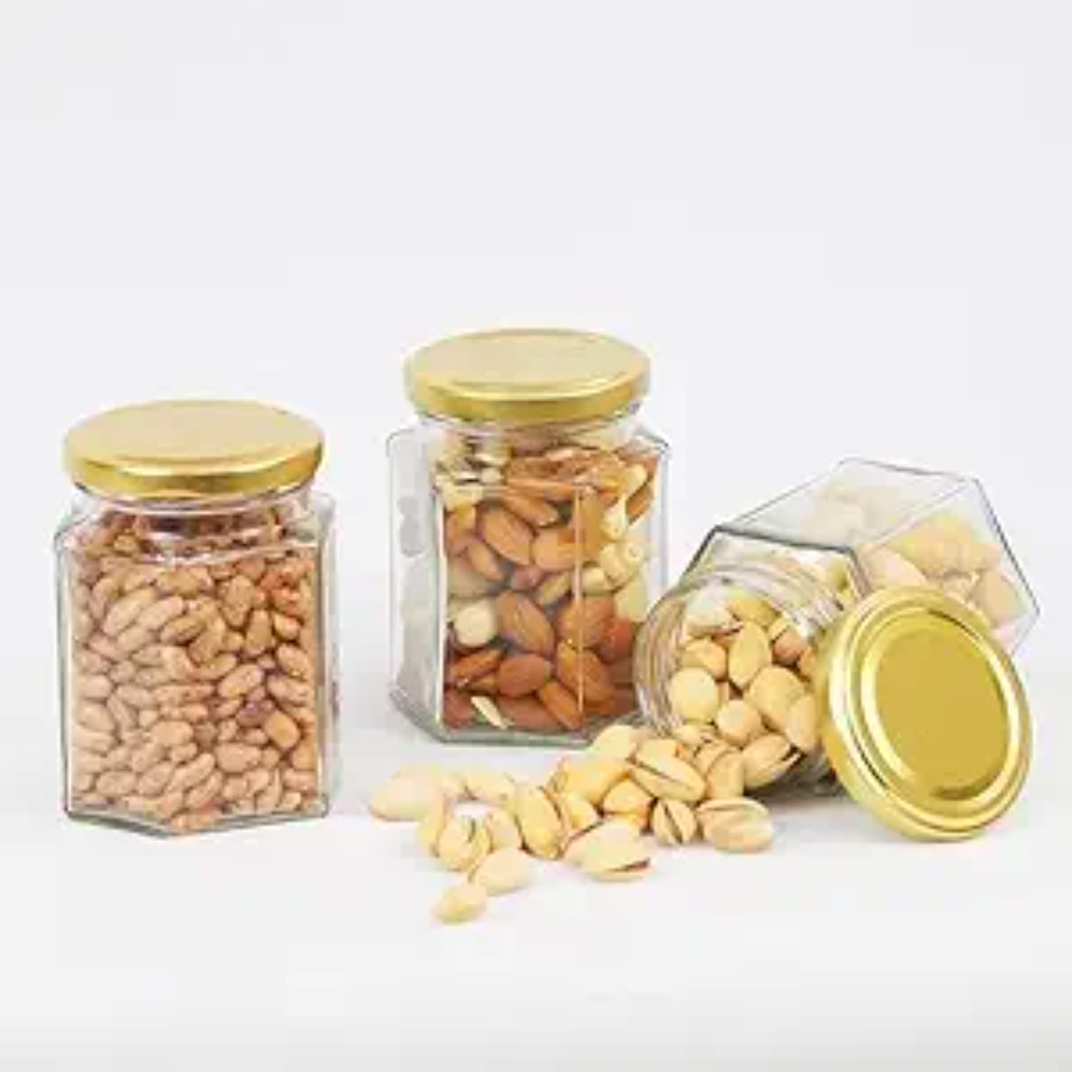 370ml Octagonal Glass Jar with Airtight Golden & Blue Check Lid | Food Grade Clear Glass Container for Kitchen Storage, Spices, Dry Fruits, Pickle & Gifting (6 pice)