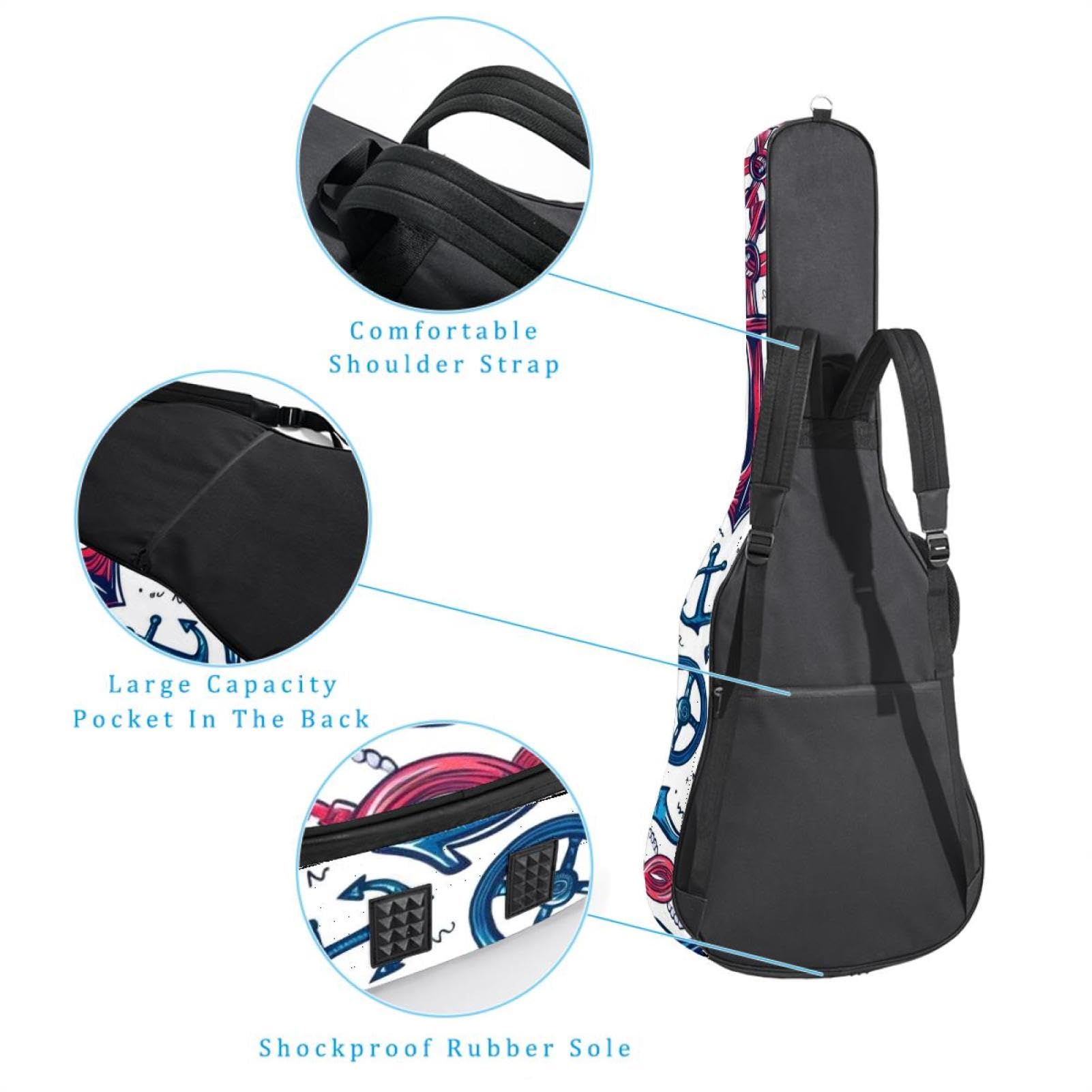 43 Zoll Akustikgitarre Softcase mit Rucksackgurt und 2 Taschen Sommer Anker Handräder Keine Polsterung Rucksack Wasserdicht Oxford Tuch Bassgitarre Gigbag für Konzertgitarre, mehrfarbig,