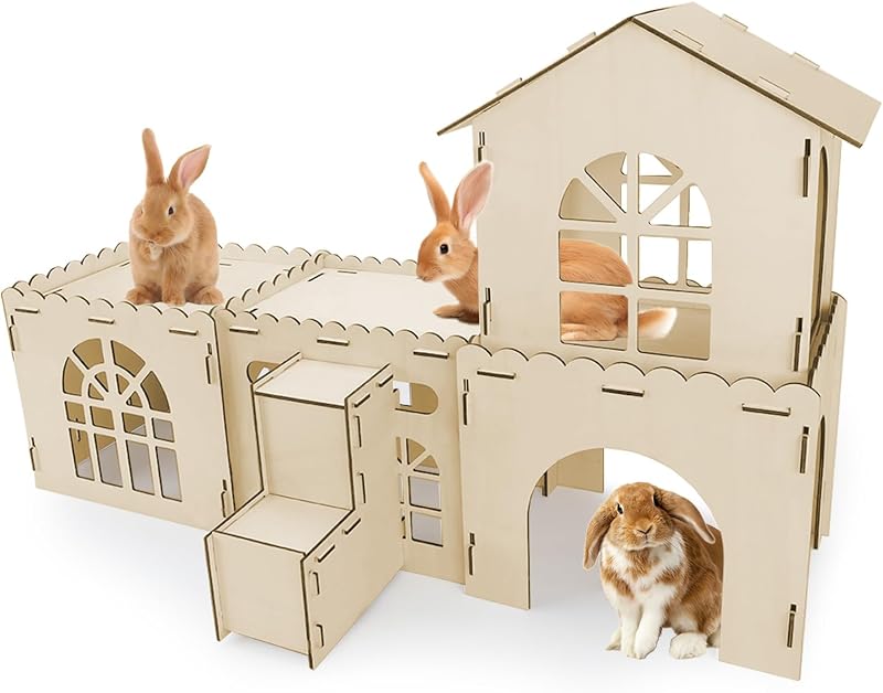 Castelo de Madeira para Coelhos YUEPET com Túneis, Escadas e 4 Casinhas
