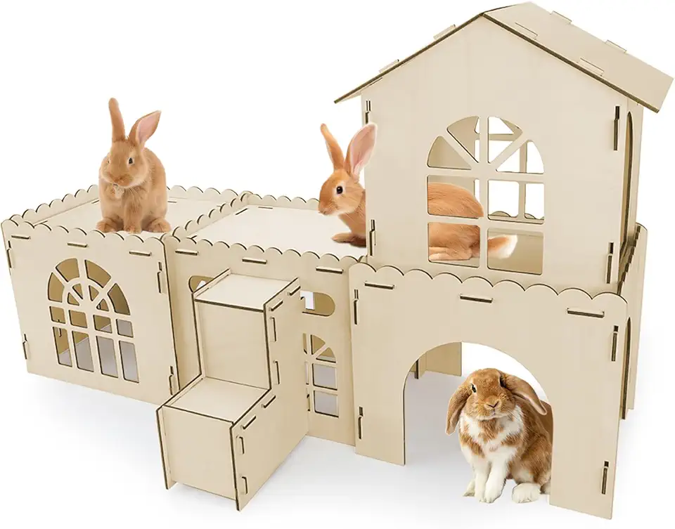 YUEPET Castelo De Madeira Extra Grande Para Coelhos, Castelo Ventilado Com Escadas, Esconderijo Desmontável Para Pequenos Animais E Habitats Para Coelhos Anões, Para Uso Interno E Externo, Onde Podem