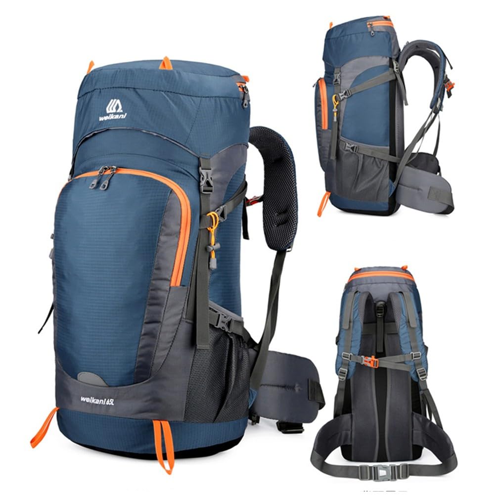 Zaino da trekking da 65 litri con copertura antipioggia, zaino da viaggio in nylon impermeabile con retro in rete traspirante per campeggio, trekking, arrampicata, nero