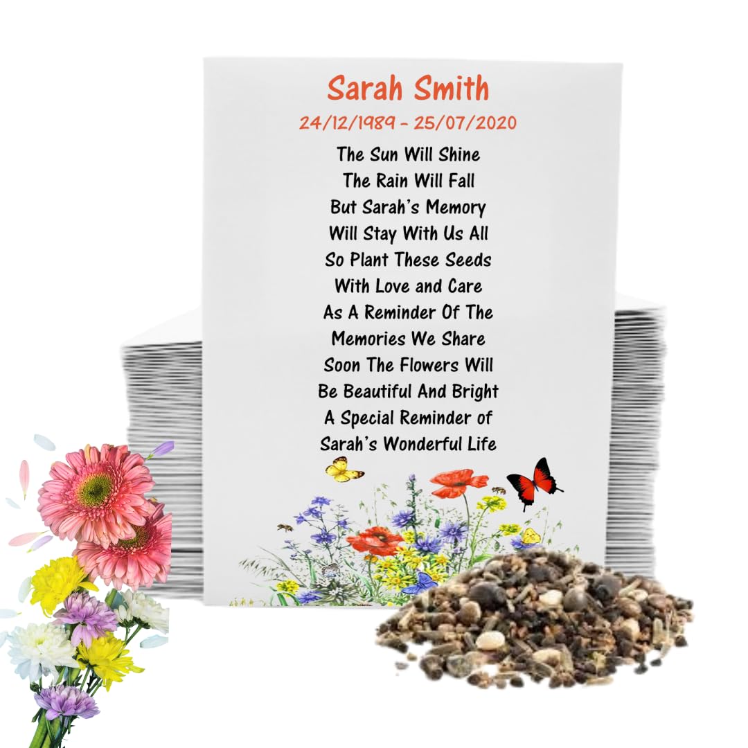 100 Funeral Wildflower Seed Packets – Personalised Remembrance Favour • Memorial Condolence Gifts for Guests • Celebration of Life Keepsake (Poem Design)