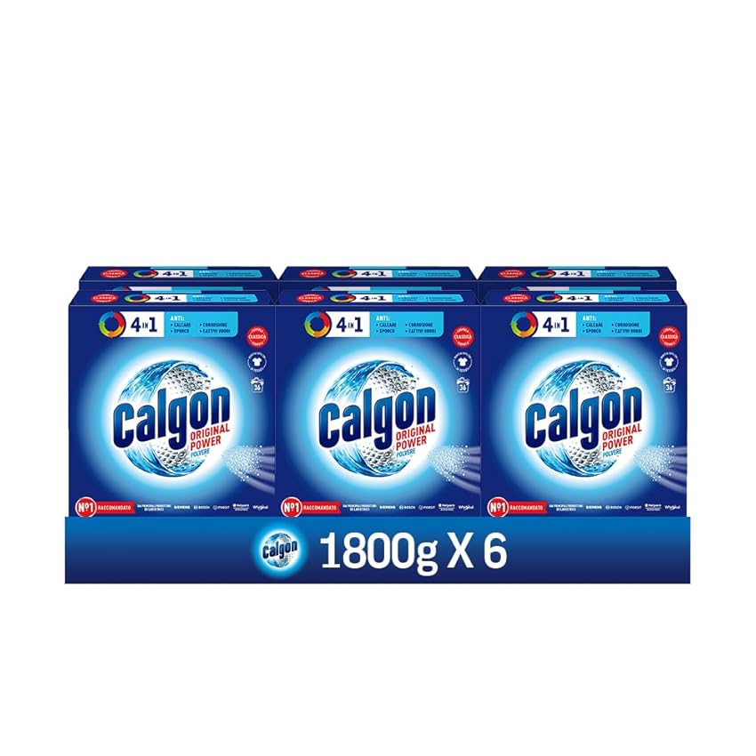 Calgon Power Polvere Anticalcare Lavatrice 4 in 1, 6 Confezioni da 1800g di Anticalcare per Lavatrici, Additivo Lavatrice per una Protezione da Calcare, Sporco e Cattivi Odori