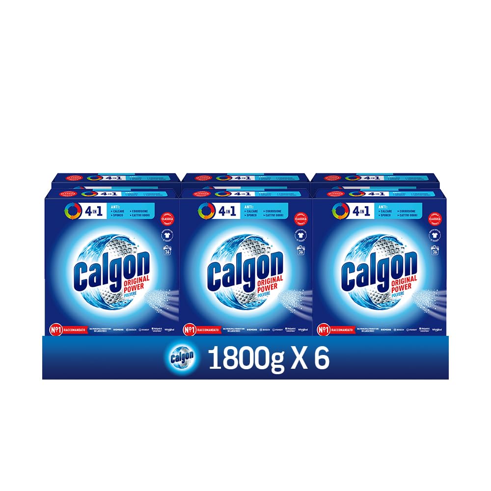 Calgon Power Polvere Anticalcare Lavatrice 4 in 1, 6 Confezioni da 1800g di Anticalcare per Lavatrici, Additivo Lavatrice per una Protezione da Calcare, Sporco e Cattivi Odori
