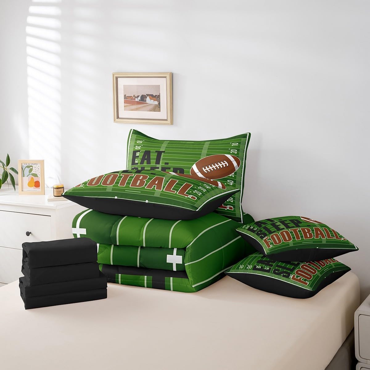 Feelyou Football Comforter Set with Sheets Queen Size Rugby Sports 7 Pieces Bedding Set for Kids Boys Girls Teens Stripes Green Brown Sports Ball Game Bed in a Bag Geometric Bed Set