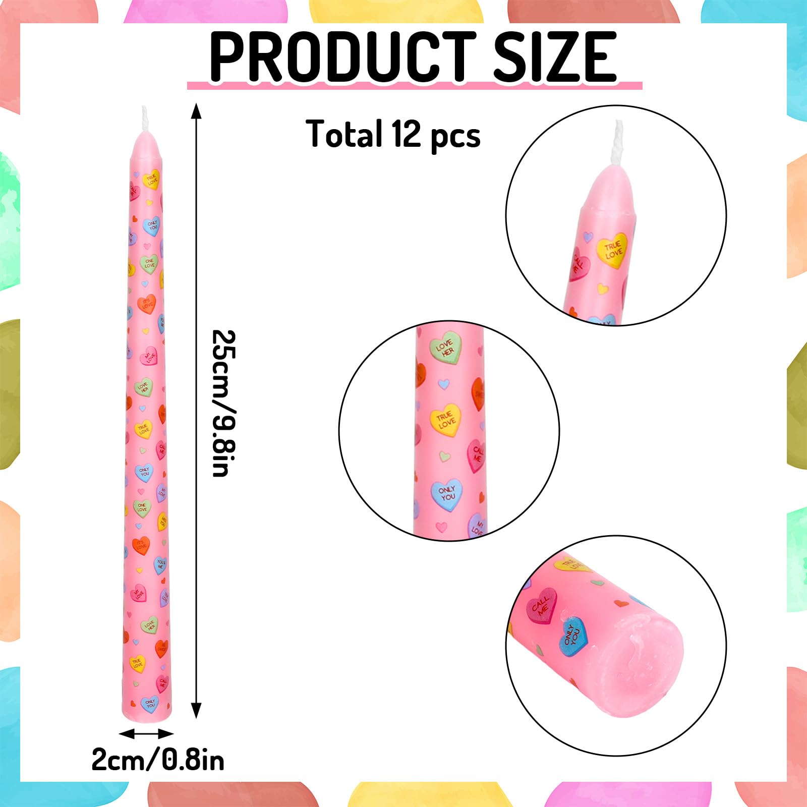 FYSUIMU 12Pcs Valentine's Day Dripless Taper Candles Candy Conversation Heart Candle Long Unscented Candle Sticks for Wedding Anniversary Home Party Dining Table Supplies